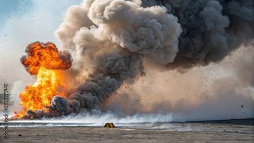 Large explosion with bright orange fire and thick dark smoke rising over barren ground, creating dramatic and intense scene