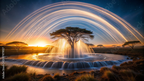 Breathtaking double exposure savanna panorama with long exposure capturing star trails and waterfall around tree at sunset