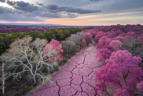 Cracked dry riverbed surrounded by vibrant pink and green trees under cloudy sky at sunset, creating surreal natural landscape