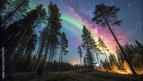 Vibrant northern lights display illuminates tall pine forest under starry night sky, creating magical and serene atmosphere