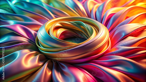 Vibrant playful halo of satin distorted and swirling in colorful abstract pattern with smooth shiny texture and dynamic folds