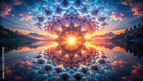 Surreal sunrise over lake with vibrant clouds and glowing mandala pattern reflecting on calm water, creating magical and serene atmosphere