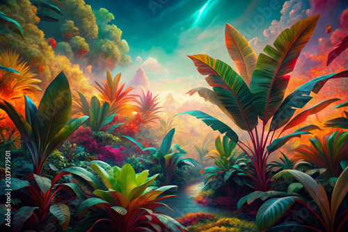 Vibrant tropical forest with lush colorful foliage under dramatic sky, evoking magical and serene atmosphere