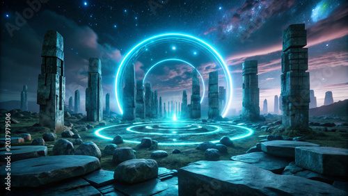Futuristic glowing blue circle with stone pillars under starry sky and galaxy, mystical ancient landscape with glowing rings and stones