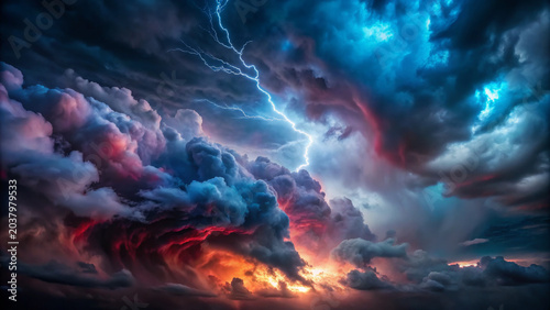 Storm cloud with lightning bolt and intense crimson hues blaze across dramatic sky at sunset