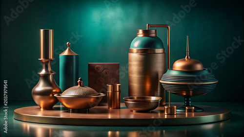Japanese inspired still life dark brass smooth showcases intricate metal vessels and containers arranged on reflective surface with teal background
