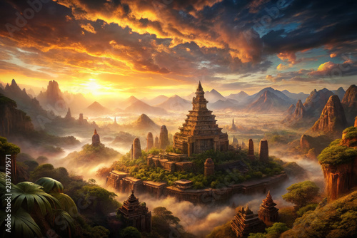 Ancient temple surrounded by misty mountains and lush greenery under dramatic sunset sky creating harmonious and breathtaking panoramic vista