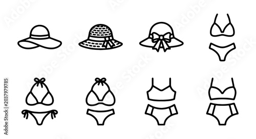 Foto Summer Beach Hats and Bikinis, Vector Icons Set