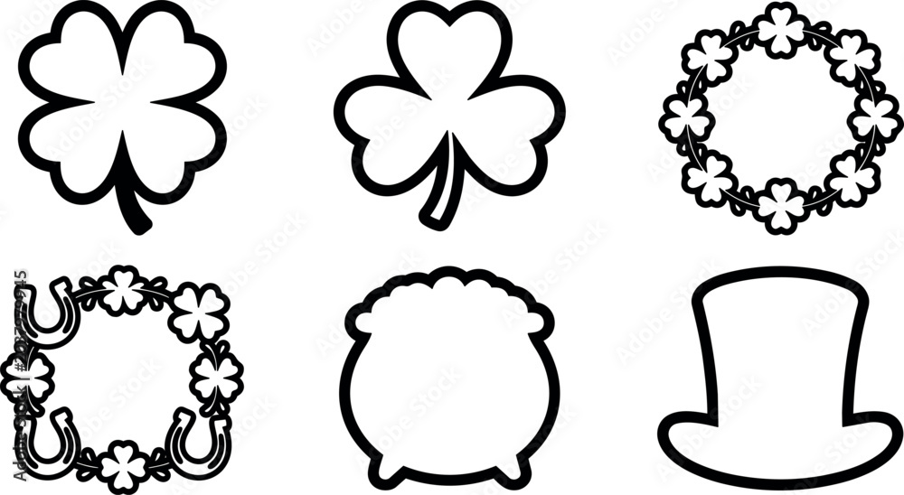Fototapeta premium Black and white st patricks day icons including clover wreath pot and hat