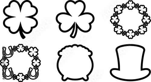 Black and white st patricks day icons including clover wreath pot and hat