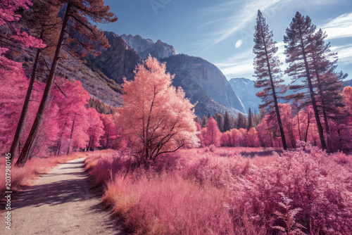 Infrared forest landscape with pink and purple trees, mountain background, clear sky, and dirt path creating surreal natural scene