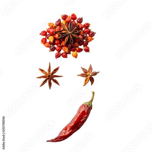 Dried Sichuan peppercorns with reddish-brown husks and black seeds isolated on white background