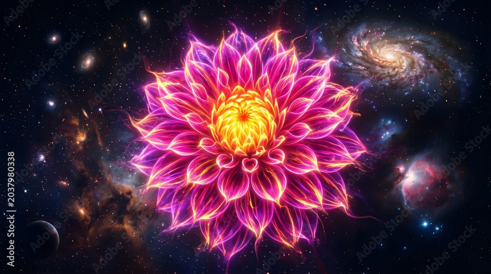 Fototapeta premium Plasma Bloom Dahlia with Glowing Neon Magenta and Electric Yellow Energy Petals in a Cosmic Void