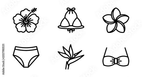 Bild auf Leinwand Tropical Summer Icons: Bikini, Flowers, Beachwear Vector Set