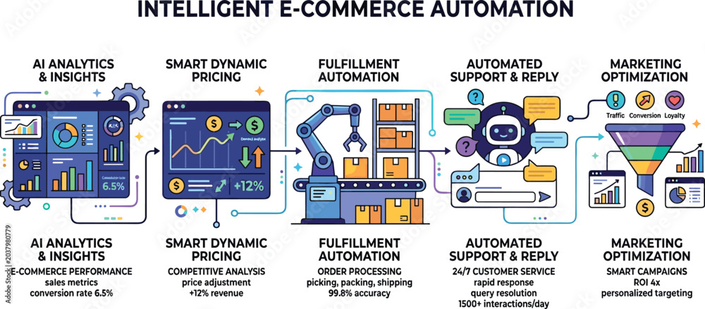 Fototapeta premium Intelligent ecommerce automation vector infographic with AI analytics smart pricing fulfillment systems and automated customer support concepts