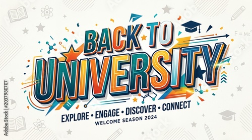 Back to university banner with academic icons and colorful typography.