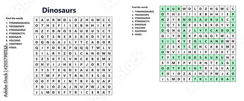 Dinosaurs filword puzzle with words highlighted in green, educational game and learning activity for children