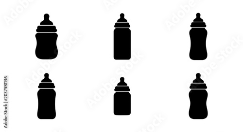 Baby Bottle Icons Set, Newborn Feeding Supplies, Infant Care Vector Graphics