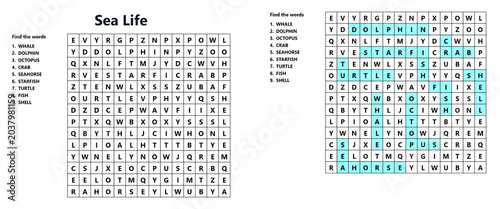 Sea Life filword puzzle featuring marine animals, educational game and brain teaser activity