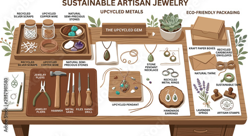 Tableau sur toile Sustainable artisan jewelry vector illustration with upcycled metals handmade ge