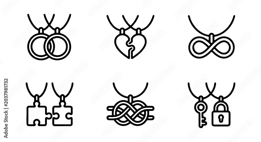Fototapeta premium Friendship Necklaces Icons Set: Heart, Infinity, Puzzle, Key, Lock, Rings
