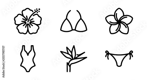 Bild auf Leinwand Tropical Summer Icons: Hibiscus, Plumeria, Bikini, Swimsuit, Bird of Paradise