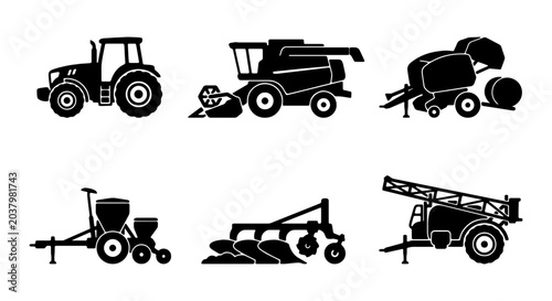 Quadro su tela Farm Equipment Icons: Tractor, Combine, Baler, Seeder, Plow, Sprayer Set