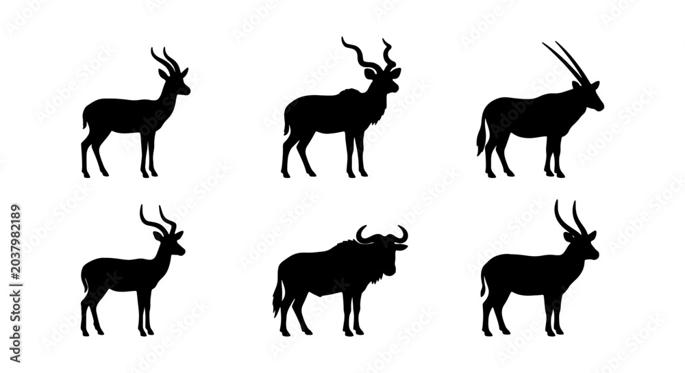 Fototapeta premium African Wildlife Silhouettes, Safari Animals Vector Icons, Grazing Mammals Collection