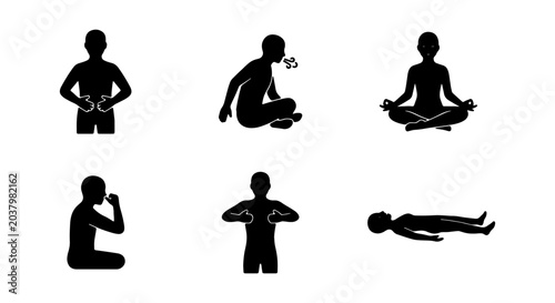 Bild auf Leinwand Breathing Exercises Icons, Yoga Poses Silhouettes, Meditation Figures, Relaxatio