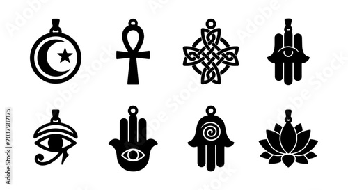 Fotografie Spiritual Symbols Collection: Islamic Crescent, Ankh, Celtic Knot, Hamsa, Eye of