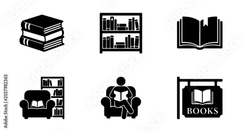 Schilderij op canvas Book Icons Set: Reading, Library, Bookstore, Literature, Education, Knowledge, 6
