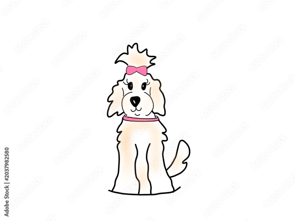 Fototapeta premium Cute fluffy goldendoodle dog character with a pink ribbon, adorable puppy girl illustration for greeting cards and stickers. 