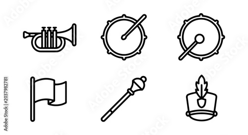 Bild auf Leinwand Marching Band Icons: Trumpet, Drums, Flag, Baton, Hat Set