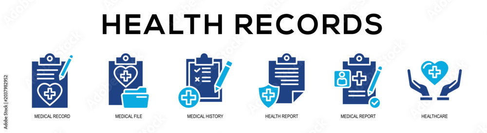 Fototapeta premium Glyphcolor - Health Records web banner vector illustration concept