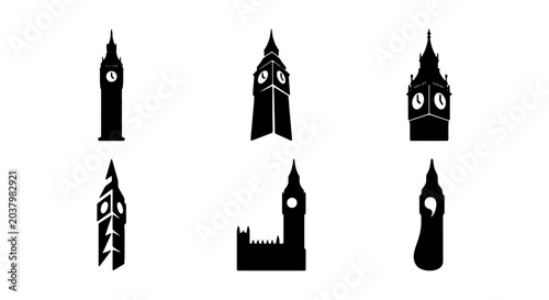 Big Ben Silhouette Icons, London Landmark Vector Set, Architectural Clock Tower Graphics