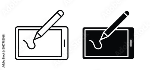 Graphic tablet vector icon set black filled and outlined style.