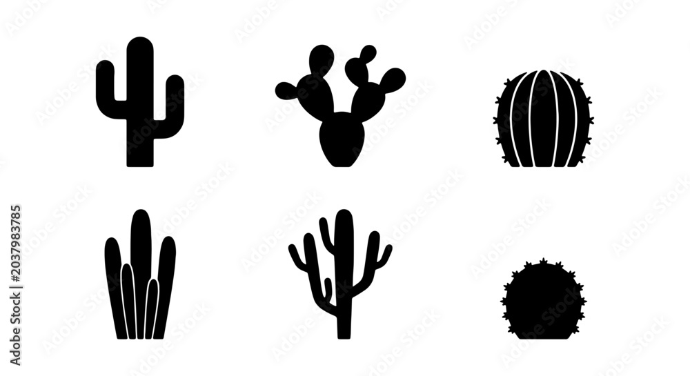 Fototapeta premium Desert Cactus Icons Set, Silhouette Plant Graphics, Arid Landscape Vector Collection