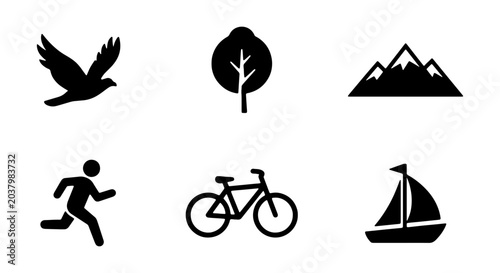 Foto Nature and Outdoor Activity Icons: Bird, Tree, Mountains, Runner, Bicycle, Sailb