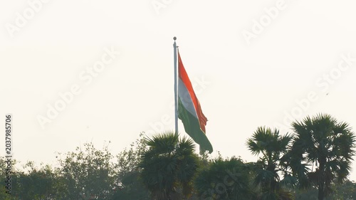 Large Indian tricolor flag waving on tall pole above palm tree skyline