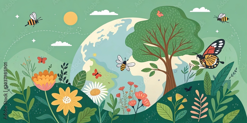 Obraz premium International Day for Biological Diversity nature landscape banner with plants butterflies