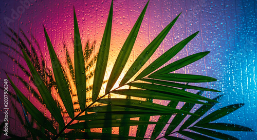 Tropical Leaf Water Droplets Colorful Gradient Background Abstract Modern