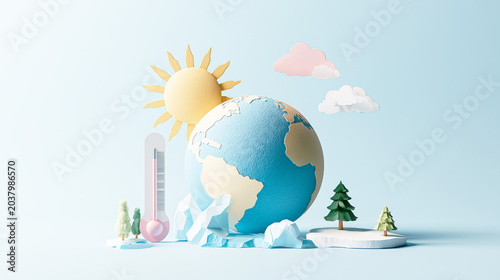 Tapety artystyczne 地球と太陽と氷で表現した気候変動と地球温暖化のイラスト 