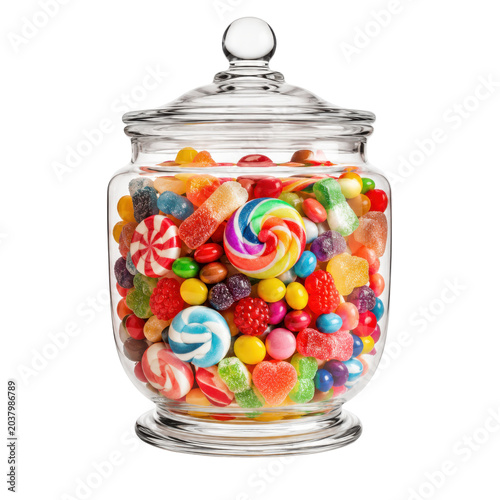 Colorful candies fill a large glass jar on a table indoors