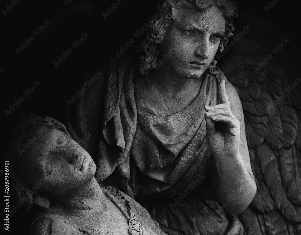 Obraz premium Angel of death leads human in the last path. Death concept. Fragment of an ancient statue.