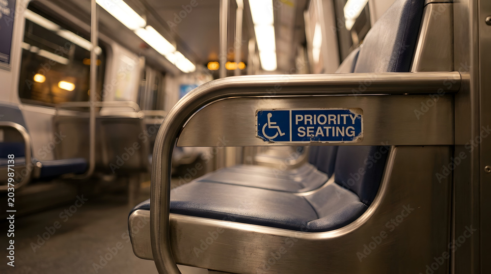 Obraz premium Empty Priority Seating Area in a Subway Train Interior with Blue Upholstery. Generated with AI