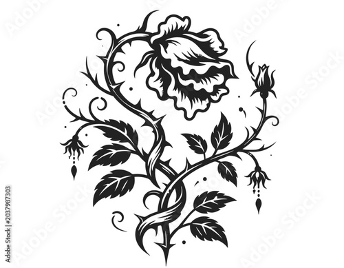 A dark floral gothic wild rose tattoo design featuring a blooming rose.