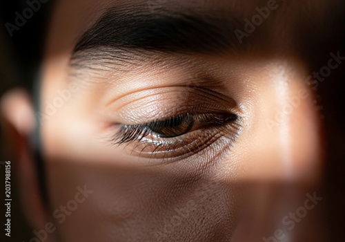 Closeup of a woman's eye framed by a reflective surface, emphasizing her attentive and thoughtful gaze.