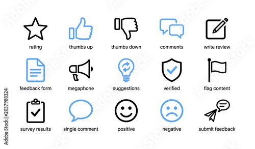 Feedback and rating icons for reviews on white background