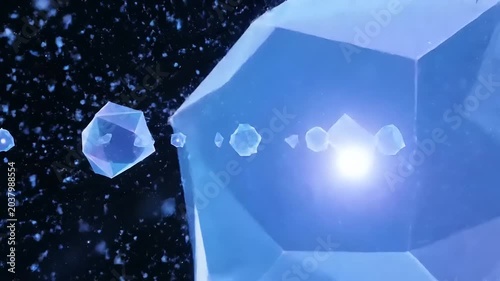 Glowing blue crystal emits light in space with floating particles and fragments nearby