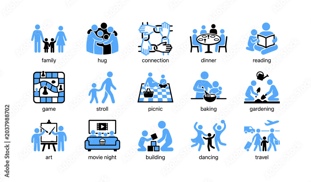 Fototapeta premium Family activity icons showing togetherness and leisure scenes